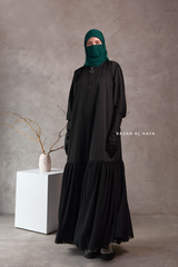 Badra Black Butterfly Abaya With Flair Bottom & Zipper Sleeves - Silk Crepe