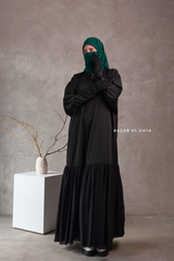 Badra Black Butterfly Abaya With Flair Bottom & Zipper Sleeves - Silk Crepe