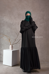 Badra Black Butterfly Abaya With Flair Bottom & Zipper Sleeves - Silk Crepe