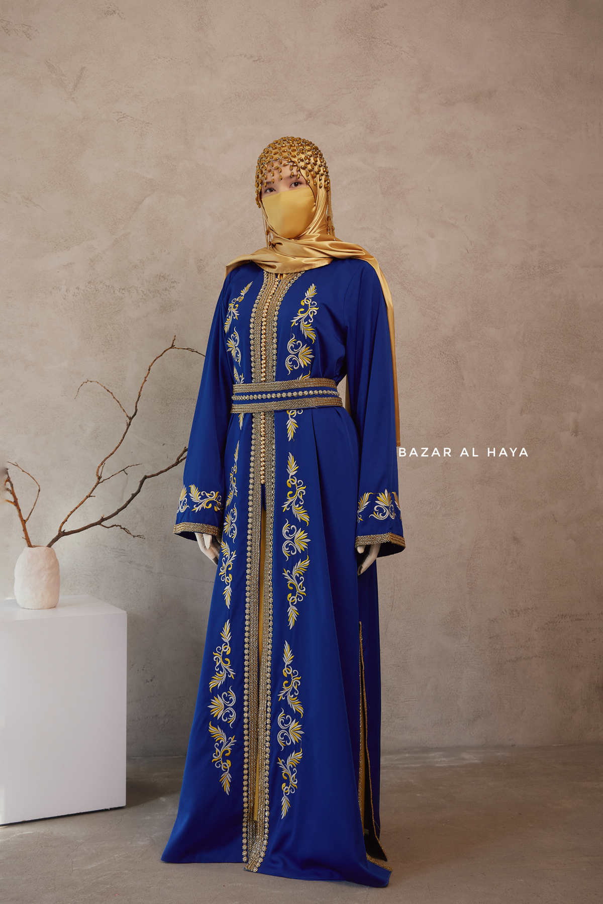 Royal Blue Reshma Moroccan Kaftan Abaya Embroidery Dress With Gold Abaya & Belt