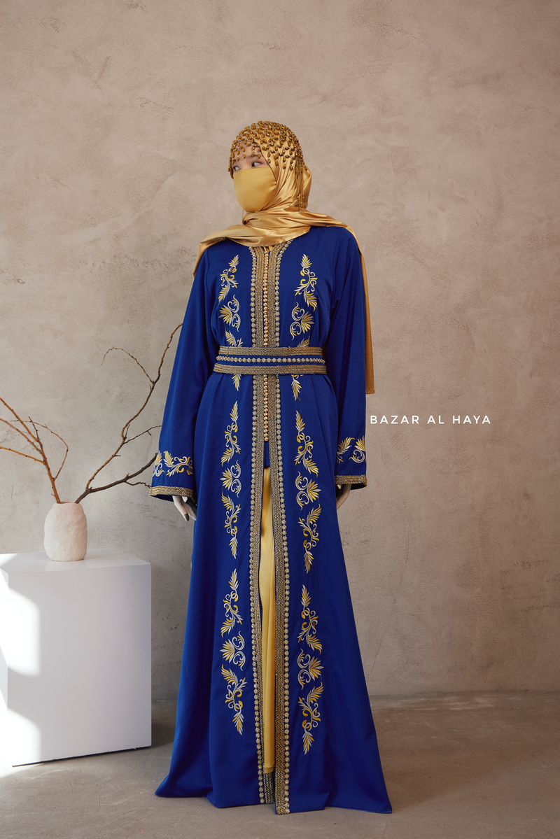 Royal Blue Reshma Moroccan Kaftan Abaya Embroidery Dress With Gold Abaya & Belt