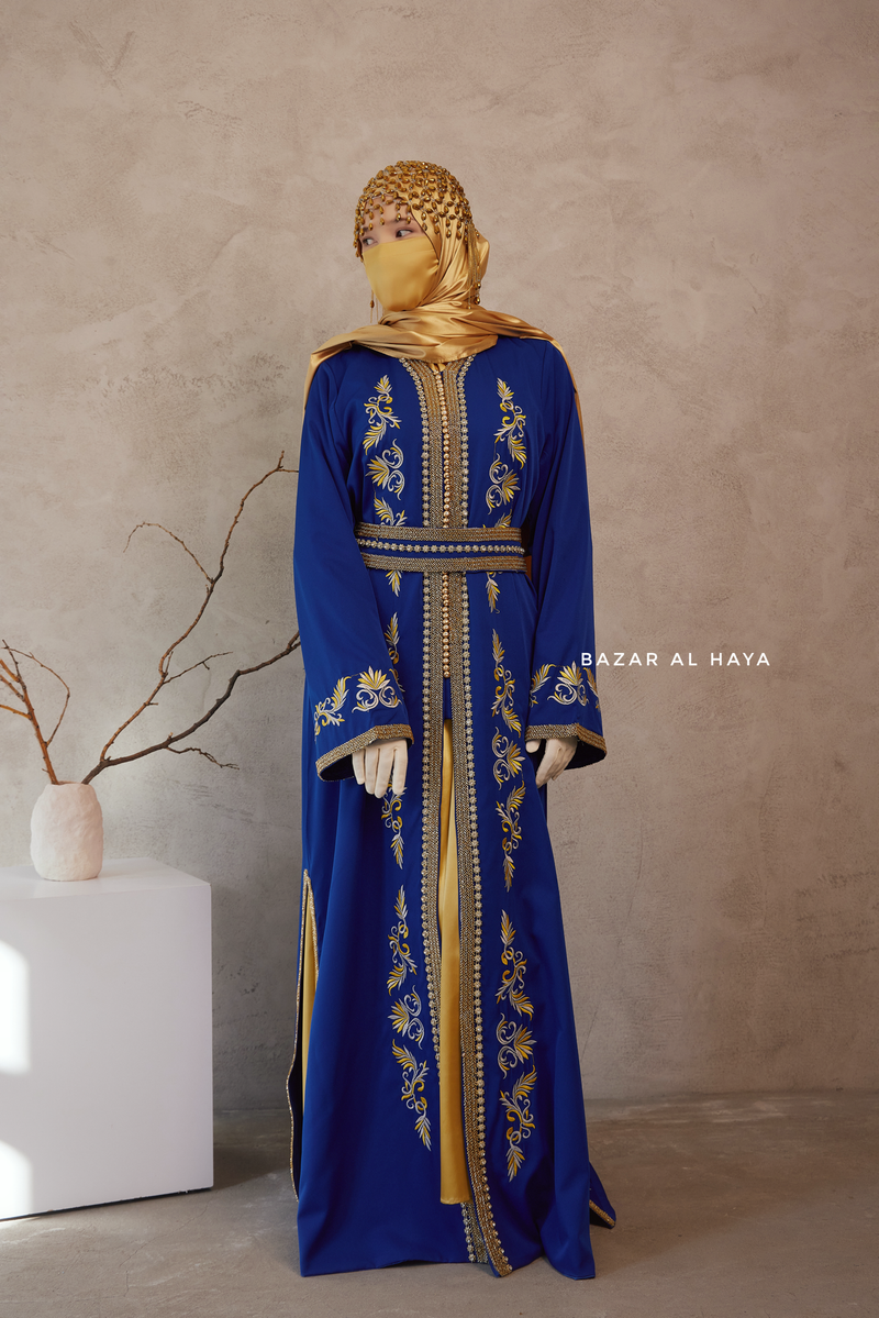 Royal Blue Reshma Moroccan Kaftan Abaya Embroidery Dress With Gold Abaya & Belt - 3 Piece Set Royal Blue Reshma Moroccan Kaftan Abaya Embroidery Dress With Gold Abaya & Belt - 3 Piece Set