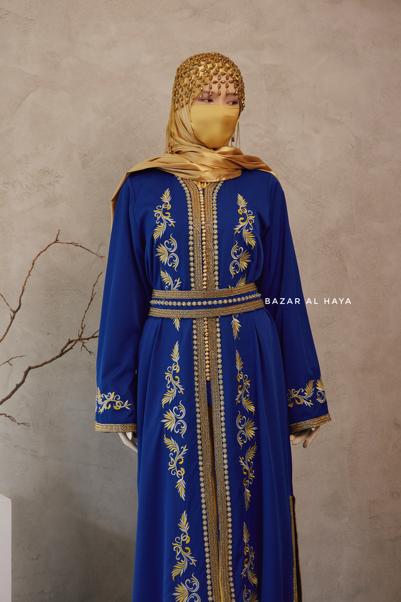 Royal Blue Reshma Moroccan Kaftan Abaya Embroidery Dress with Gold Abaya & Belt - 3 Piece Set S Royal Blue Reshma Moroccan Kaftan Abaya Embroidery Dress with Gold Abaya & Belt - 3 Piece Set S