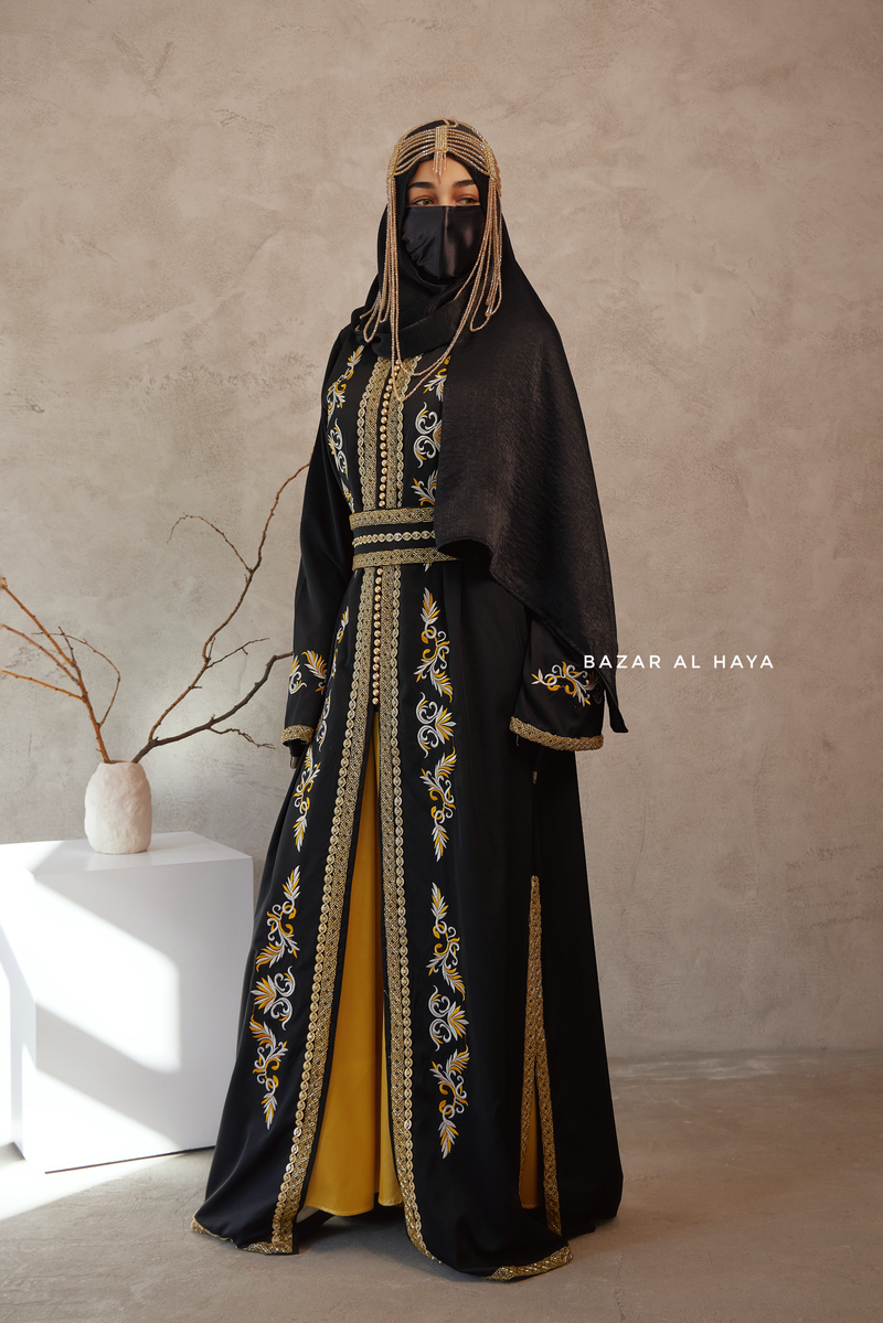 Black Reshma Moroccan Kaftan Abaya Embroidery Dress With Gold Abaya & Belt - 3 Piece Set Black Reshma Moroccan Kaftan Abaya Embroidery Dress With Gold Abaya & Belt - 3 Piece Set