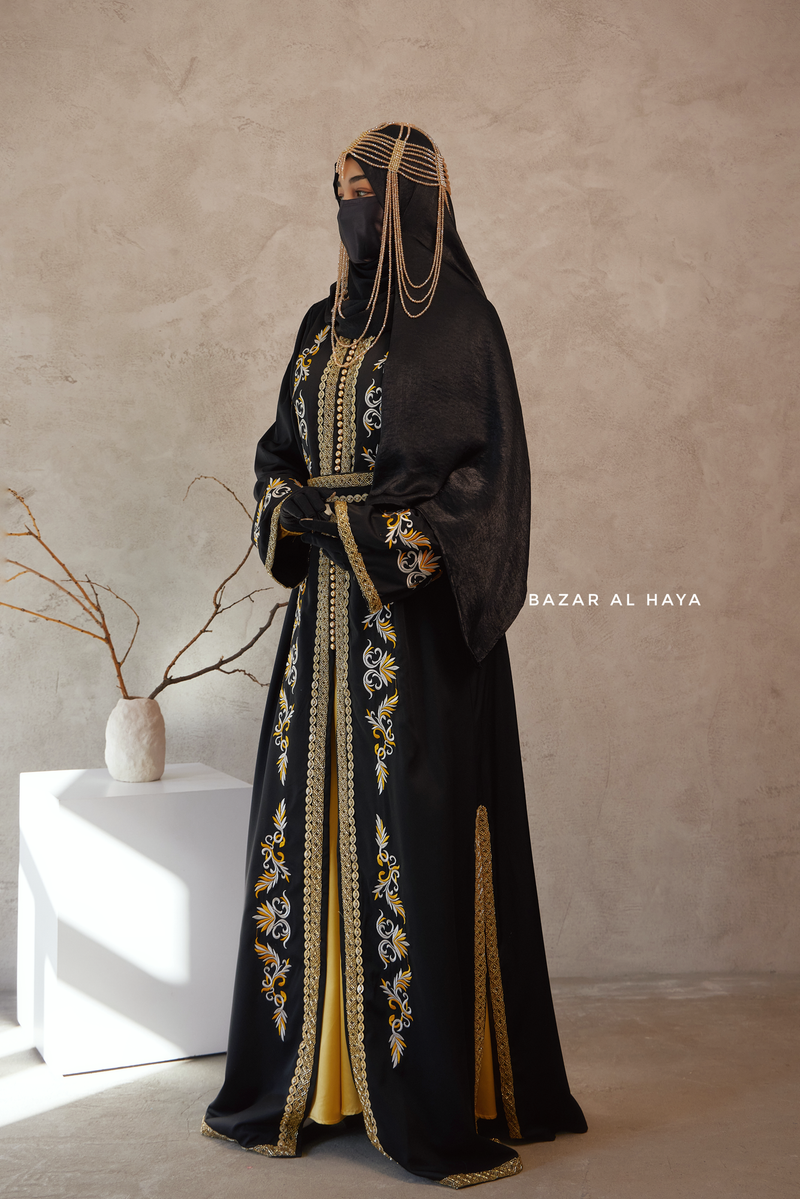 Black Reshma Moroccan Kaftan Abaya Embroidery Dress With Gold Abaya & Belt - 3 Piece Set S Black Reshma Moroccan Kaftan Abaya Embroidery Dress With Gold Abaya & Belt - 3 Piece Set S