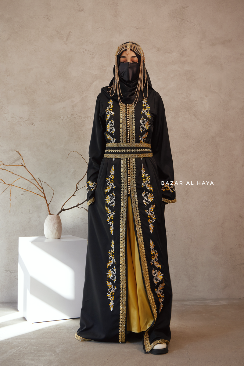 Black Reshma Moroccan Kaftan Abaya Embroidery Dress With Gold Abaya & Belt - 3 Piece Set S Black Reshma Moroccan Kaftan Abaya Embroidery Dress With Gold Abaya & Belt - 3 Piece Set S