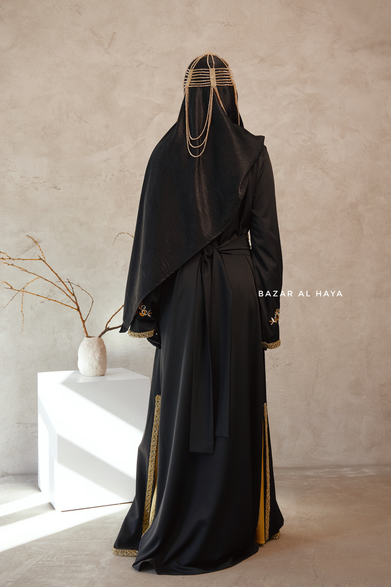 Black Reshma Moroccan Kaftan Abaya Embroidery Dress With Gold Abaya & Belt - 3 Piece Set Black Reshma Moroccan Kaftan Abaya Embroidery Dress With Gold Abaya & Belt - 3 Piece Set