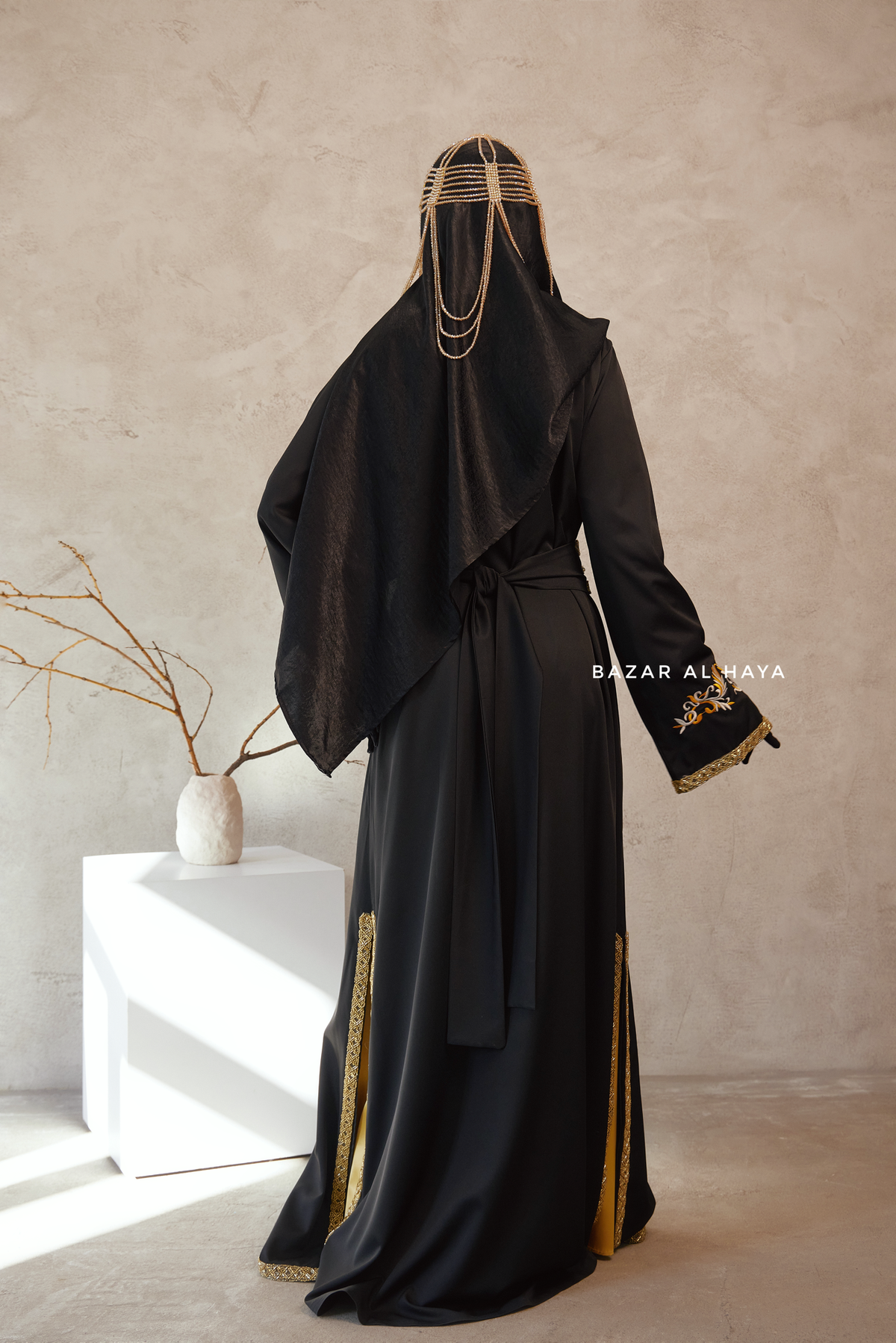 Black Reshma Moroccan Kaftan Abaya Embroidery Dress With Gold Abaya & Belt - 3 Piece Set S Black Reshma Moroccan Kaftan Abaya Embroidery Dress With Gold Abaya & Belt - 3 Piece Set S