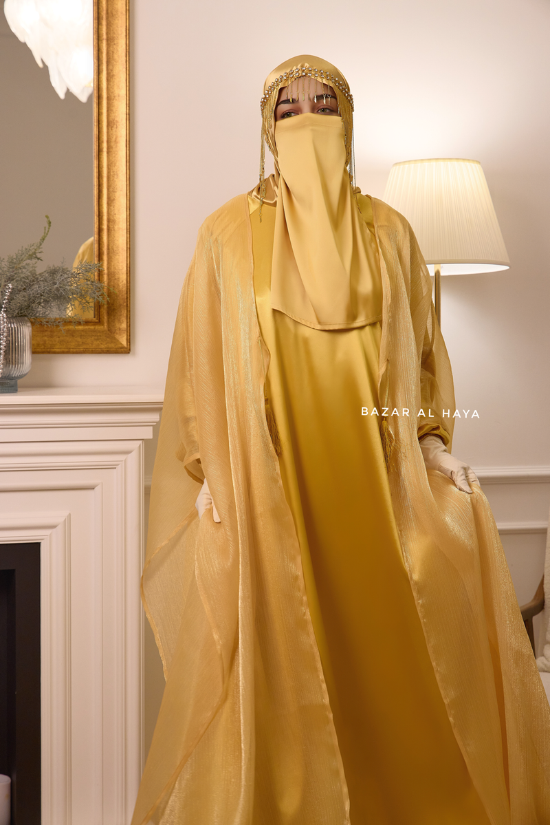 Humair Shop Humaira 3 Piece Abaya Set In Yellow Gold Organza Luxurious Kaftan With ...