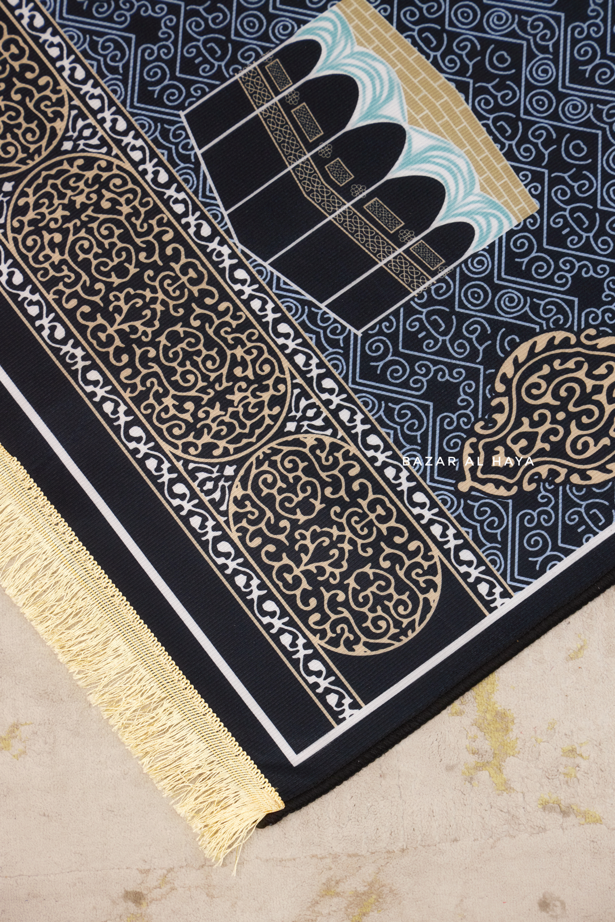 Non-Slip Prayer / Salah Mat with Gold Blue Kaaba Design – Bazar Al