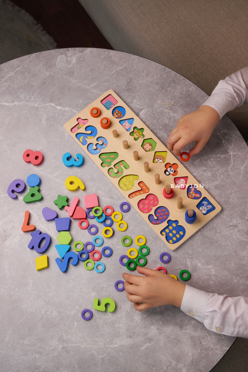 Three in One Wooden Montessori Puzzle, Shape Sorting &  Math Block Stacking Board Game / Activity for Kids - Smart Kids