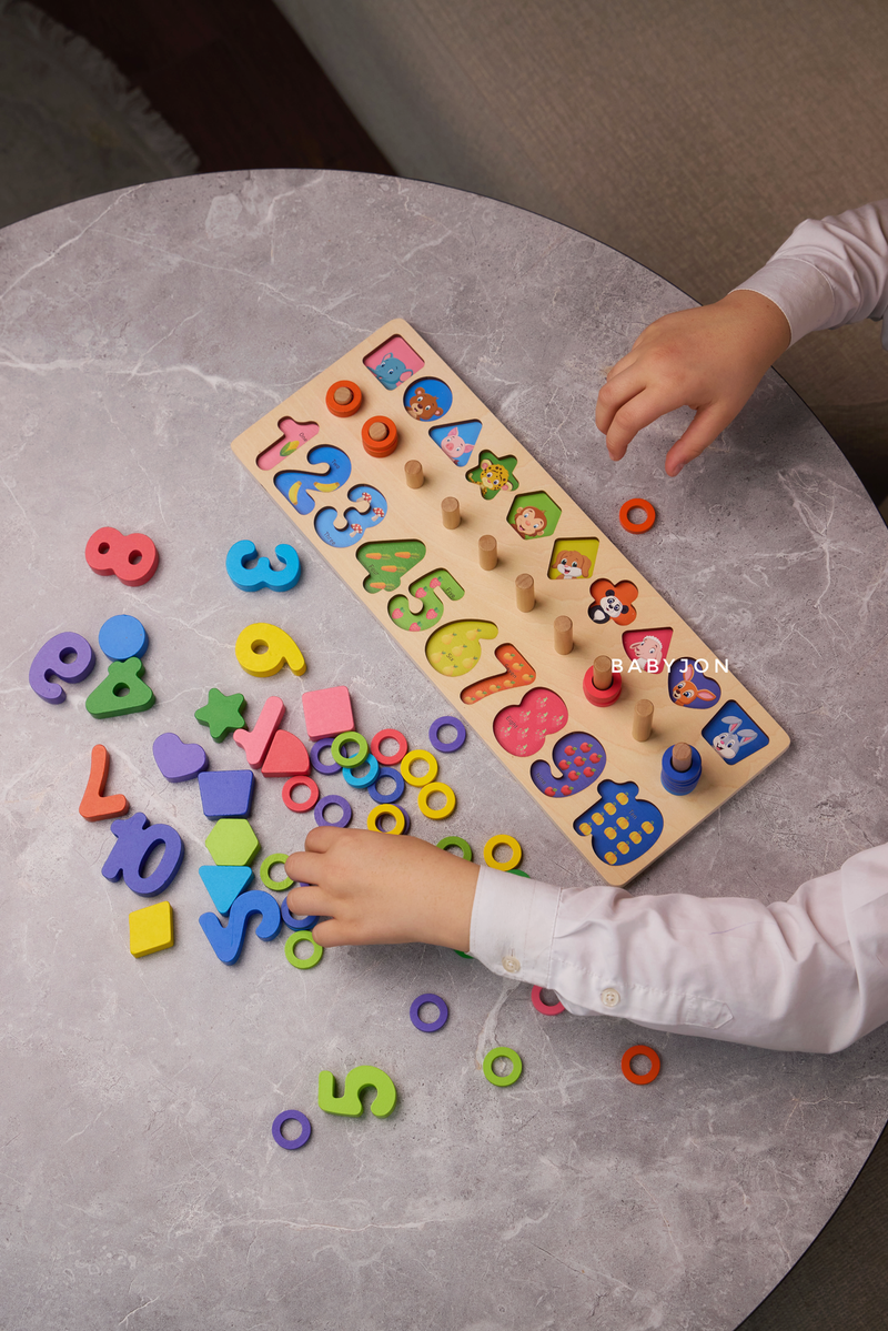 Three in One Wooden Montessori Puzzle, Shape Sorting &  Math Block Stacking Board Game / Activity for Kids - Smart Kids