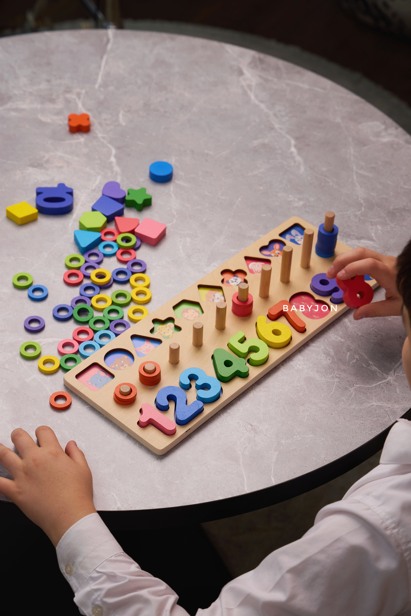 Three in One Wooden Montessori Puzzle, Shape Sorting &  Math Block Stacking Board Game / Activity for Kids - Smart Kids