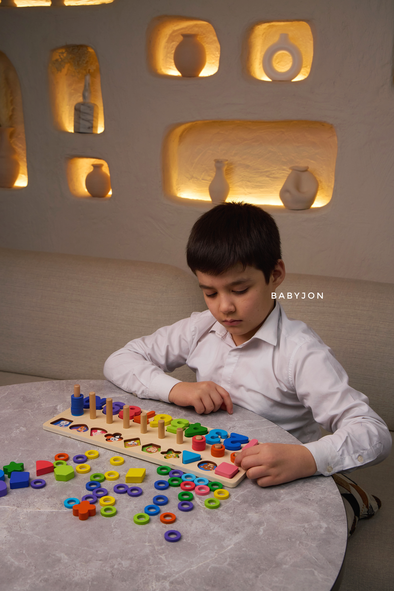 Three in One Wooden Montessori Puzzle, Shape Sorting &  Math Block Stacking Board Game / Activity for Kids - Smart Kids
