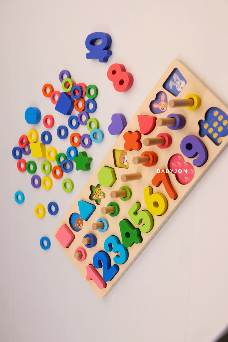 Three in One Wooden Montessori Puzzle, Shape Sorting &  Math Block Stacking Board Game / Activity for Kids - Smart Kids