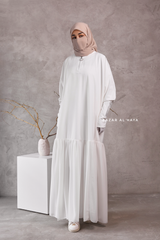 Badra White Butterfly Abaya With Chiffon Flair & Zipper Sleeves - Silk Crepe