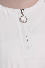 Badra White Butterfly Abaya With Chiffon Flair & Zipper Sleeves - Silk Crepe