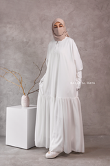 Badra White Butterfly Abaya With Chiffon Flair & Zipper Sleeves - Silk Crepe