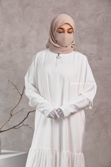 Badra White Butterfly Abaya With Chiffon Flair & Zipper Sleeves - Silk Crepe