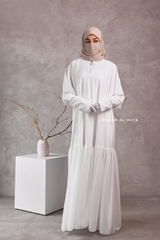 Badra White Butterfly Abaya With Chiffon Flair & Zipper Sleeves - Silk Crepe