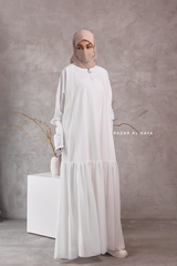 Badra White Butterfly Abaya With Chiffon Flair & Zipper Sleeves - Silk Crepe