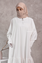 Badra White Butterfly Abaya With Chiffon Flair & Zipper Sleeves - Silk Crepe
