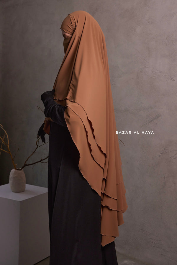 Latte Aiza Three Layered Diamond Khimar - Premium Stretch