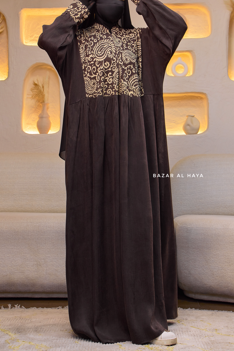 Dark Chocolate Dalia Loose Abaya With Pattered Front Dress - Premium Cupro