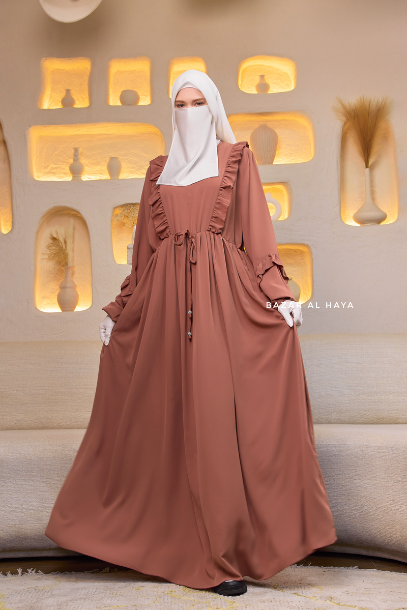 Afsah Capuccino Ruffle Embroidery Lightweight Summer Spring Abaya Dress - Soft Breathable Crepe Cotton