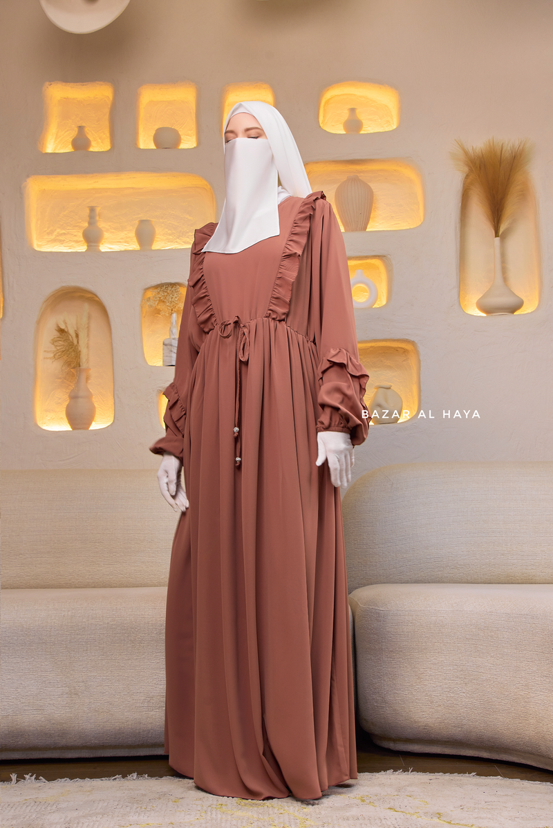 Afsah Capuccino Ruffle Embroidery Lightweight Summer Spring Abaya Dress - Soft Breathable Crepe Cotton