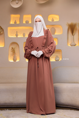Afsah Capuccino Ruffle Embroidery Lightweight Summer Spring Abaya Dress - Soft Breathable Crepe Cotton