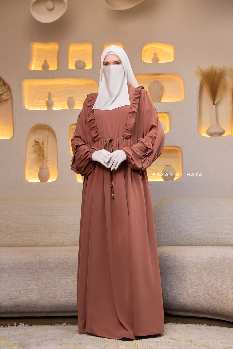 Afsah Capuccino Ruffle Embroidery Lightweight Summer Spring Abaya Dress - Soft Breathable Crepe Cotton