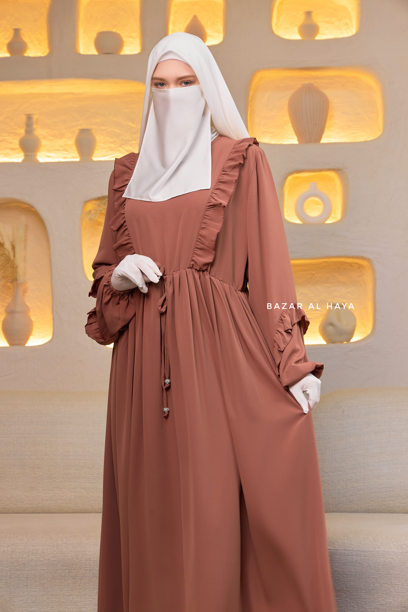 Afsah Capuccino Ruffle Embroidery Lightweight Summer Spring Abaya Dress - Soft Breathable Crepe Cotton