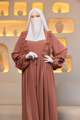 Afsah Capuccino Ruffle Embroidery Lightweight Summer Spring Abaya Dress - Soft Breathable Crepe Cotton