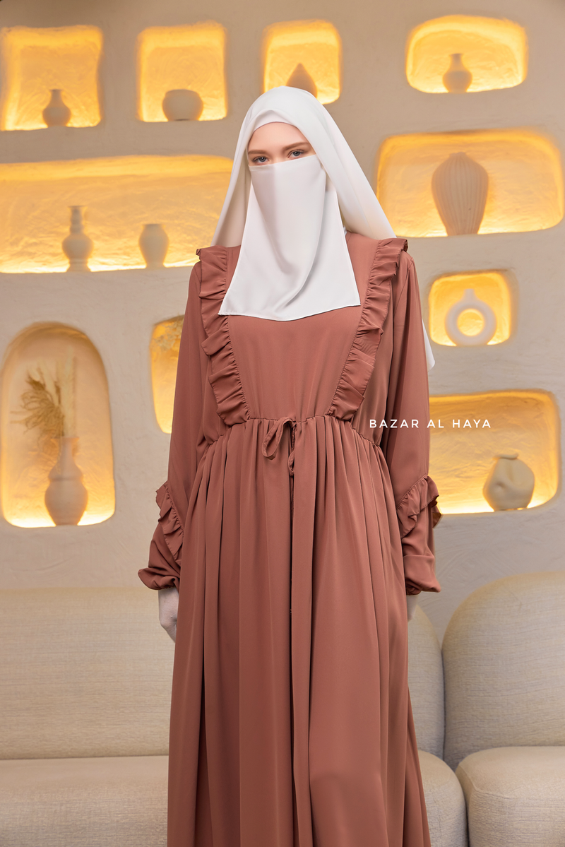 Afsah Capuccino Ruffle Embroidery Lightweight Summer Spring Abaya Dress - Soft Breathable Crepe Cotton