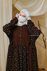 Sumayya Chocolate Floral Dress In 100% Cotton Summer Spring Abaya - Front Snap Buttons