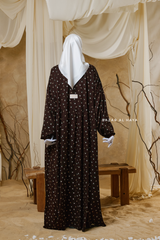 Sumayya Chocolate Floral Dress In 100% Cotton Summer Spring Abaya - Front Snap Buttons