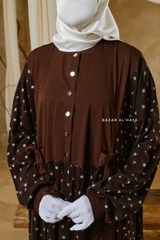 Sumayya Chocolate Floral Dress In 100% Cotton Summer Spring Abaya - Front Snap Buttons