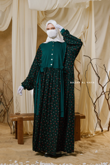 Sumayya Emerald Floral Dress In 100% Cotton Summer Spring Abaya - Front Snap Buttons
