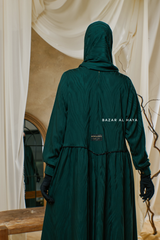 Hafiza Emerald Cotton Silk - Ikat Print Abaya Dress With Scarf - Beaded Accents