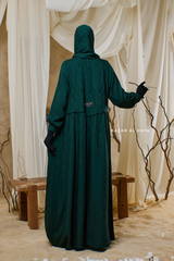Hafiza Emerald Cotton Silk - Ikat Print Abaya Dress With Scarf - Beaded Accents