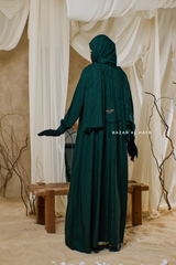 Hafiza Emerald Cotton Silk - Ikat Print Abaya Dress With Scarf - Beaded Accents