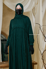 Hafiza Emerald Cotton Silk - Ikat Print Abaya Dress With Scarf - Beaded Accents