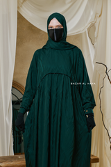 Hafiza Emerald Cotton Silk - Ikat Print Abaya Dress With Scarf - Beaded Accents