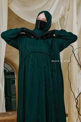 Hafiza Emerald Cotton Silk - Ikat Print Abaya Dress With Scarf - Beaded Accents