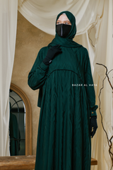 Hafiza Emerald Cotton Silk - Ikat Print Abaya Dress With Scarf - Beaded Accents