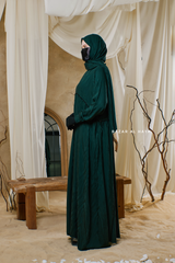 Hafiza Emerald Cotton Silk - Ikat Print Abaya Dress With Scarf - Beaded Accents