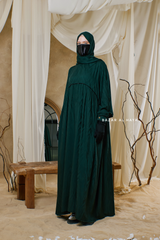 Hafiza Emerald Cotton Silk - Ikat Print Abaya Dress With Scarf - Beaded Accents