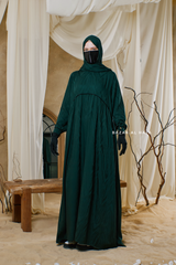 Hafiza Emerald Cotton Silk - Ikat Print Abaya Dress With Scarf - Beaded Accents