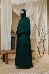 Hafiza Emerald Cotton Silk - Ikat Print Abaya Dress With Scarf - Beaded Accents